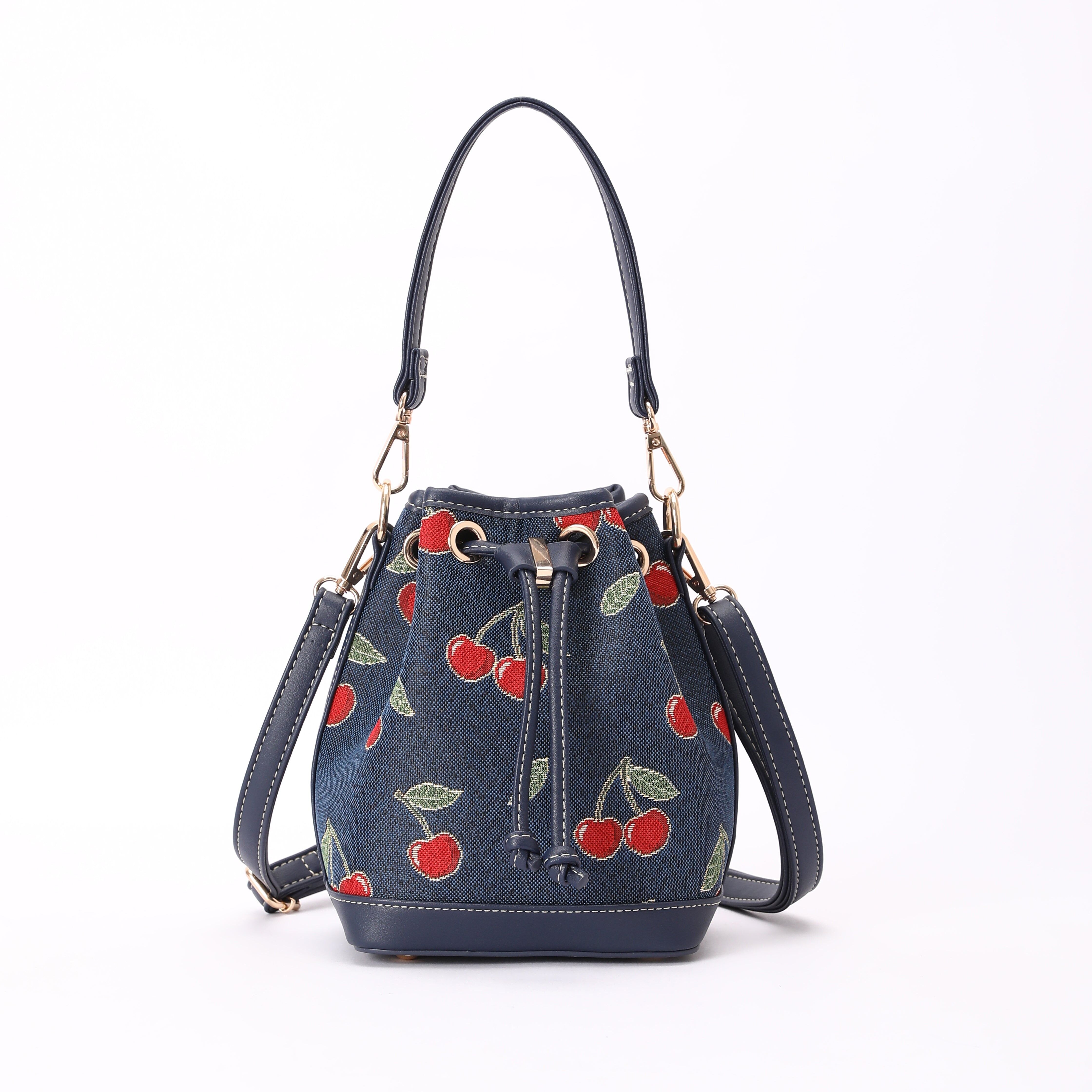 Signare London - Cherry Bucket Handbag on Blue Backdrop