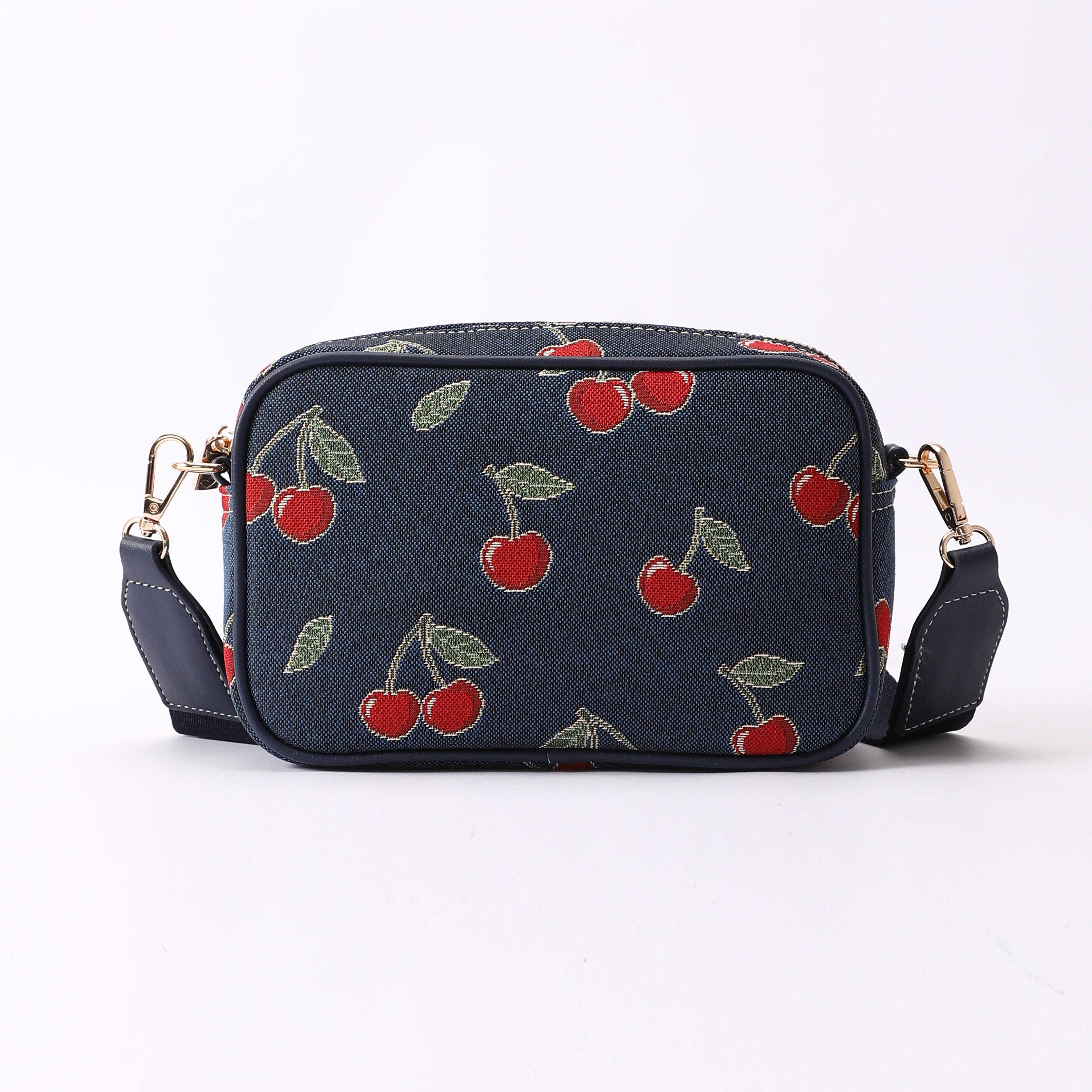 Signare London - Cherry Camera Crossbody Bag on Blue Backdrop