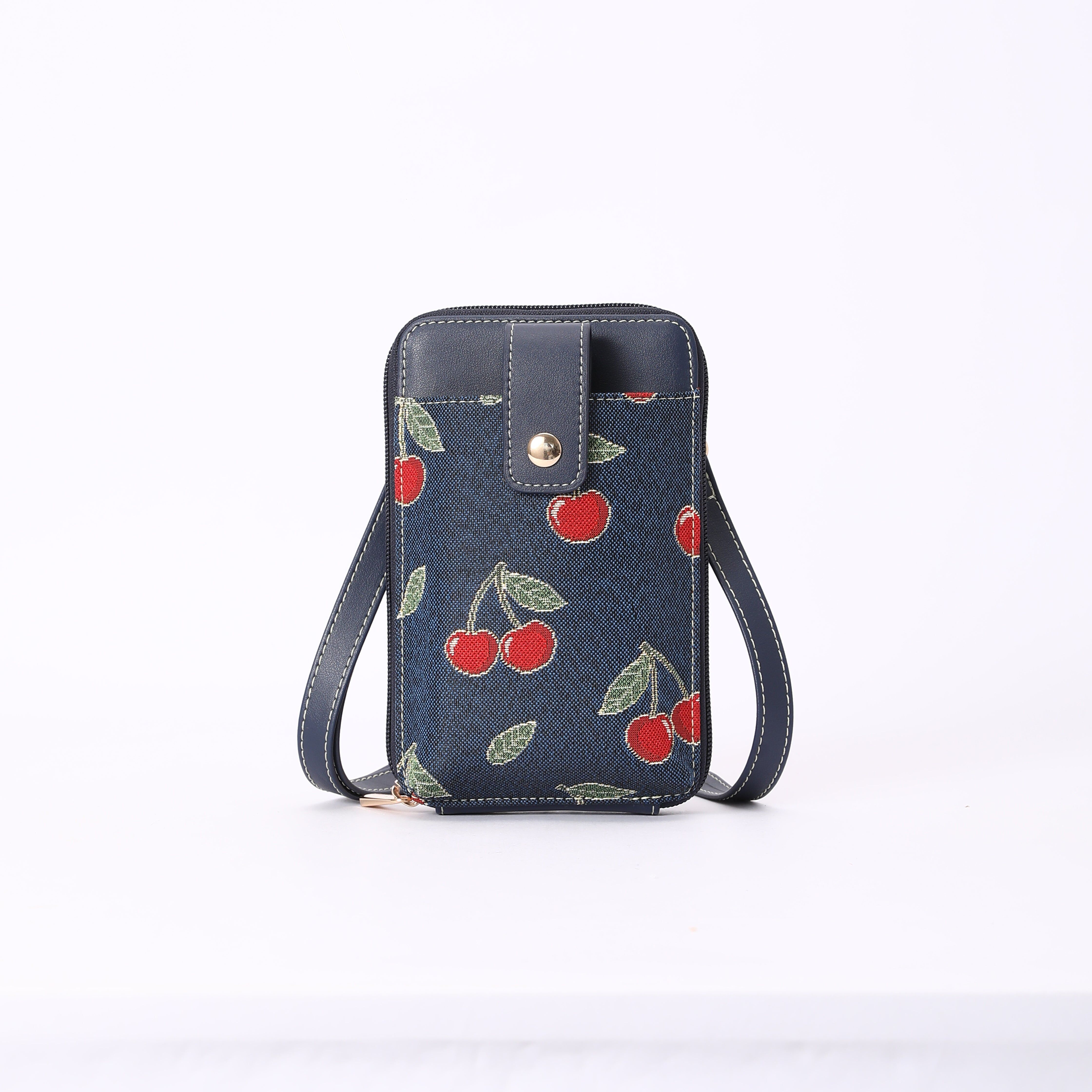 Signare London - Cherry Smart Phone Bag on Blue Backdrop