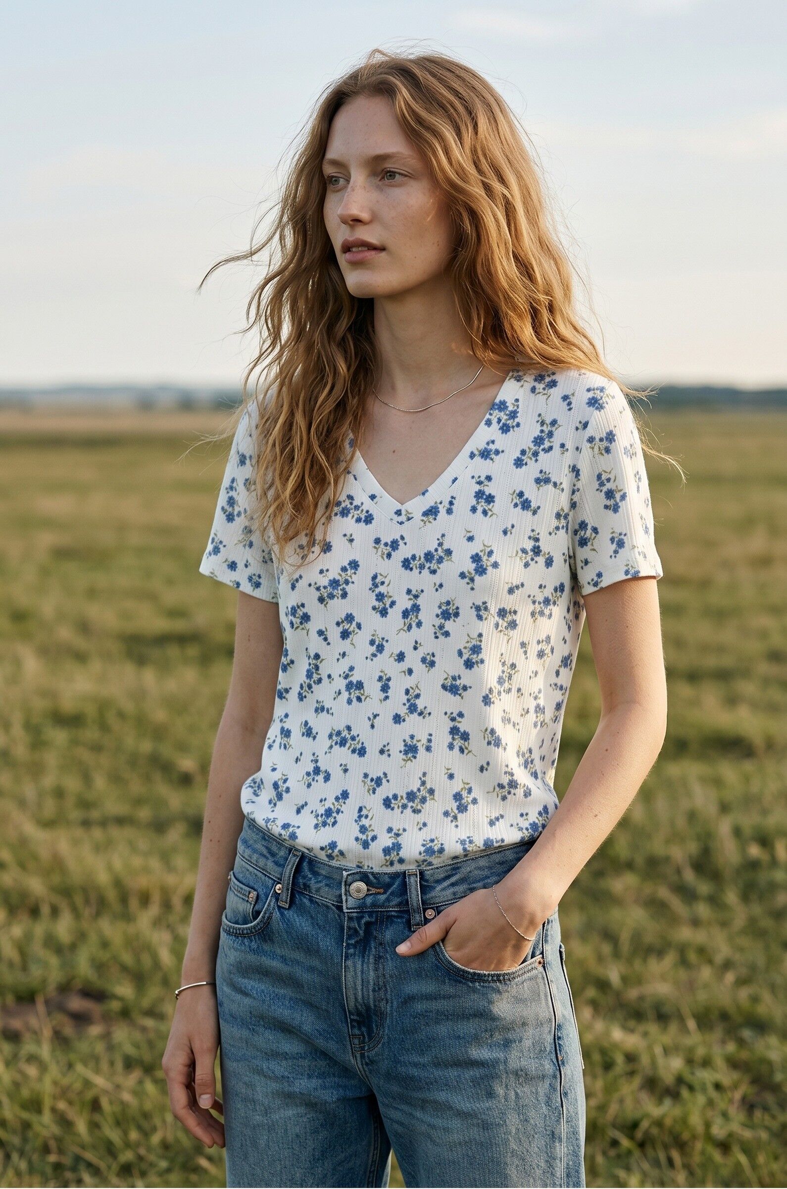 Ribbed Floral Print T-shirt
