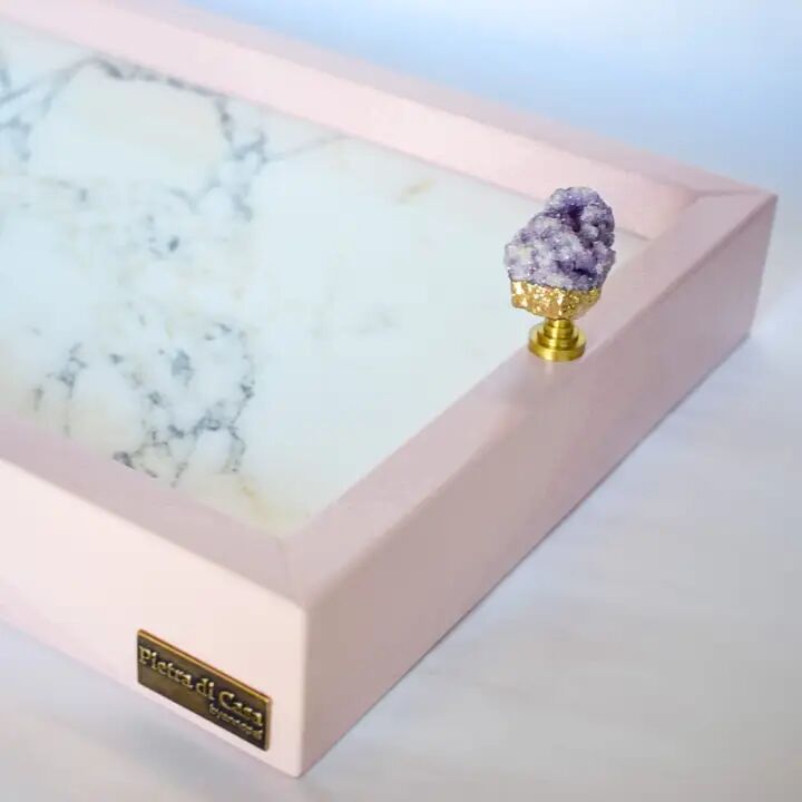Pink Tray, interior in marble and knob in amethyst - S