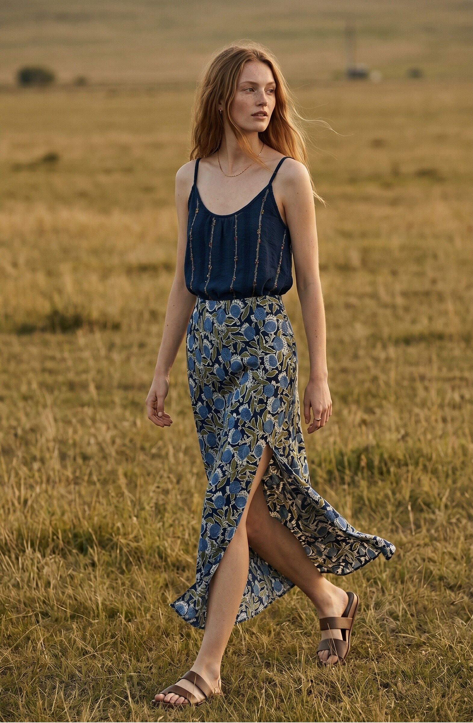 Long Skirt with Bud Print and Slit