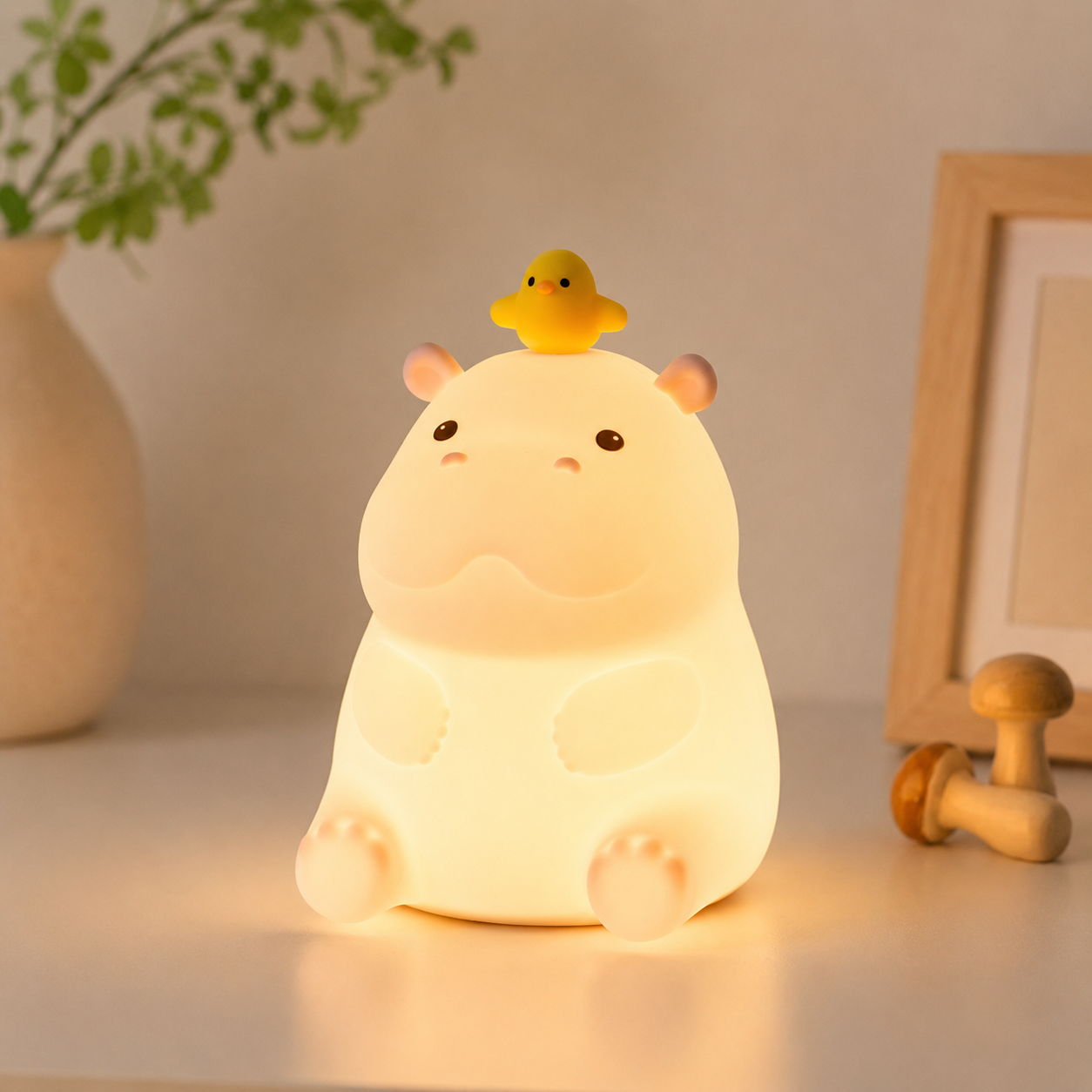 Cute Hippo Night Light with Chick – Rechargeable LED Lamp
