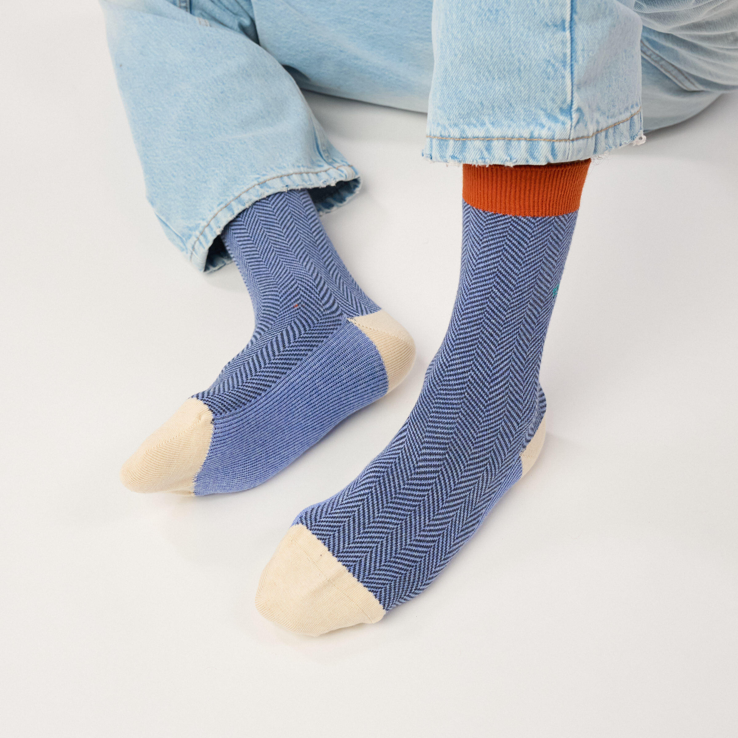 Chaussettes en coton peigné chevrons - Bleu brume