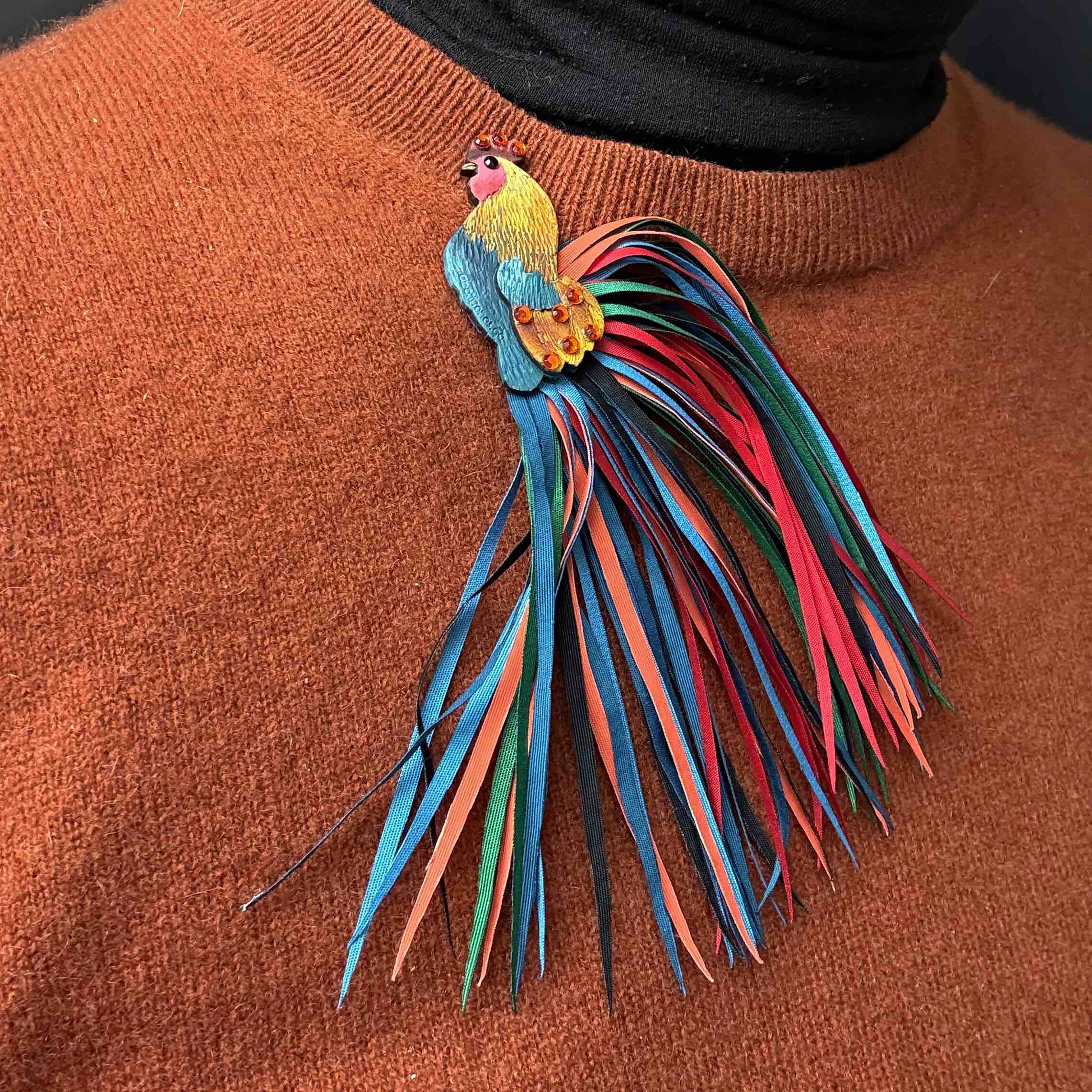 Rooster Calabash (Totumo) Statement Brooch