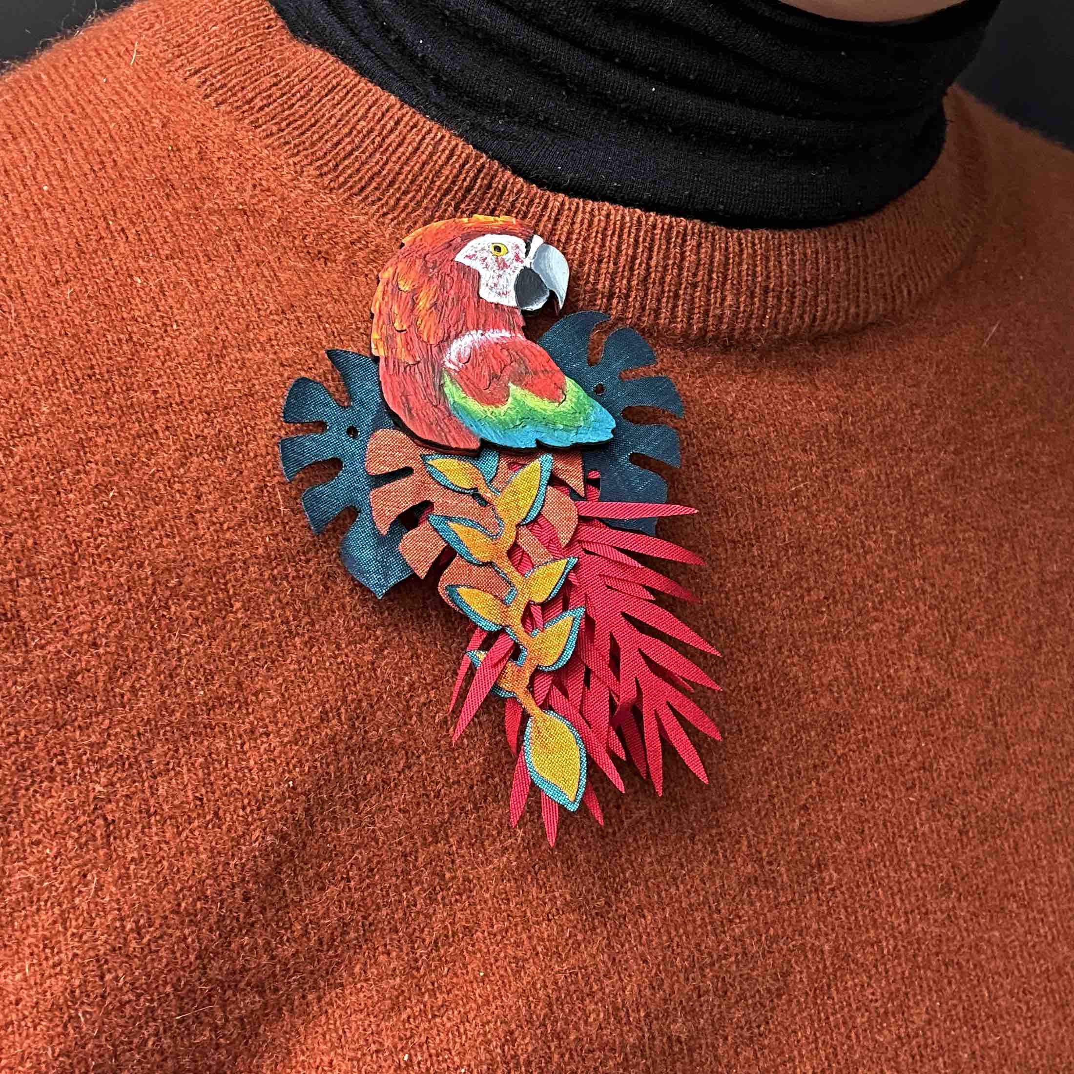 Scarlet Macaw Calabash (Totumo) Statement Brooch