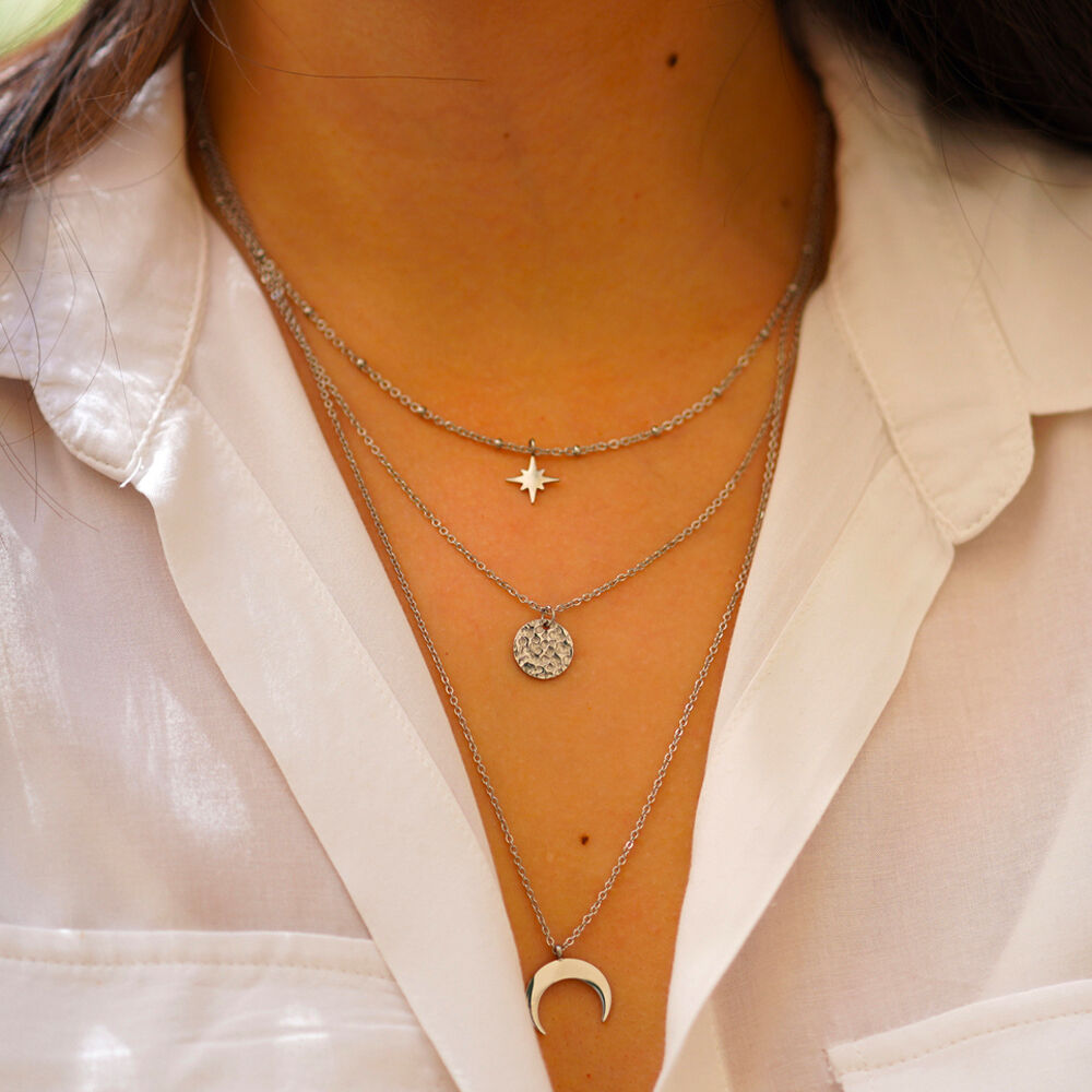 Collier 3 rangs, lune étoile et pièce martelée FB092904