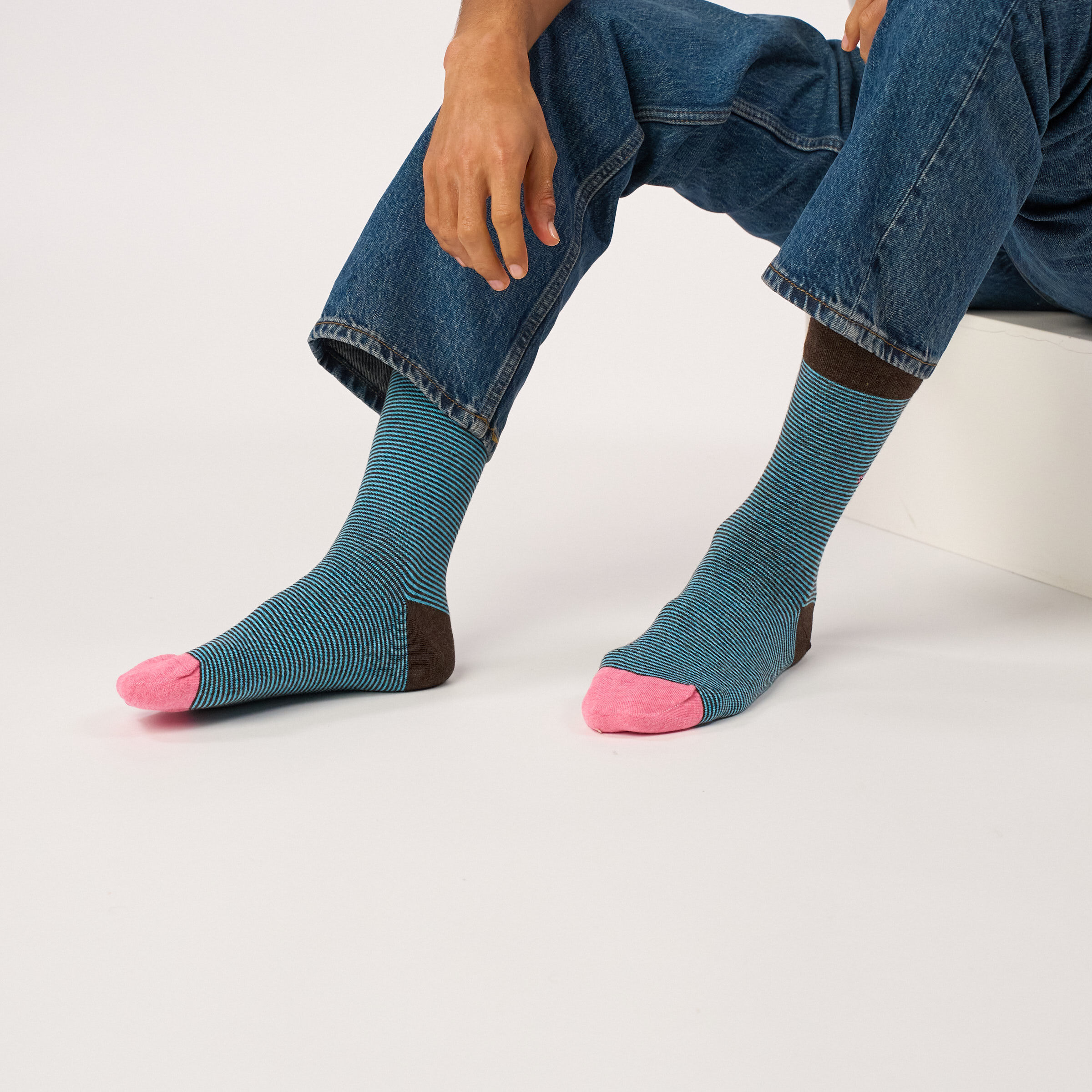 Chaussettes en coton peigné rayées - Ecorce bleue