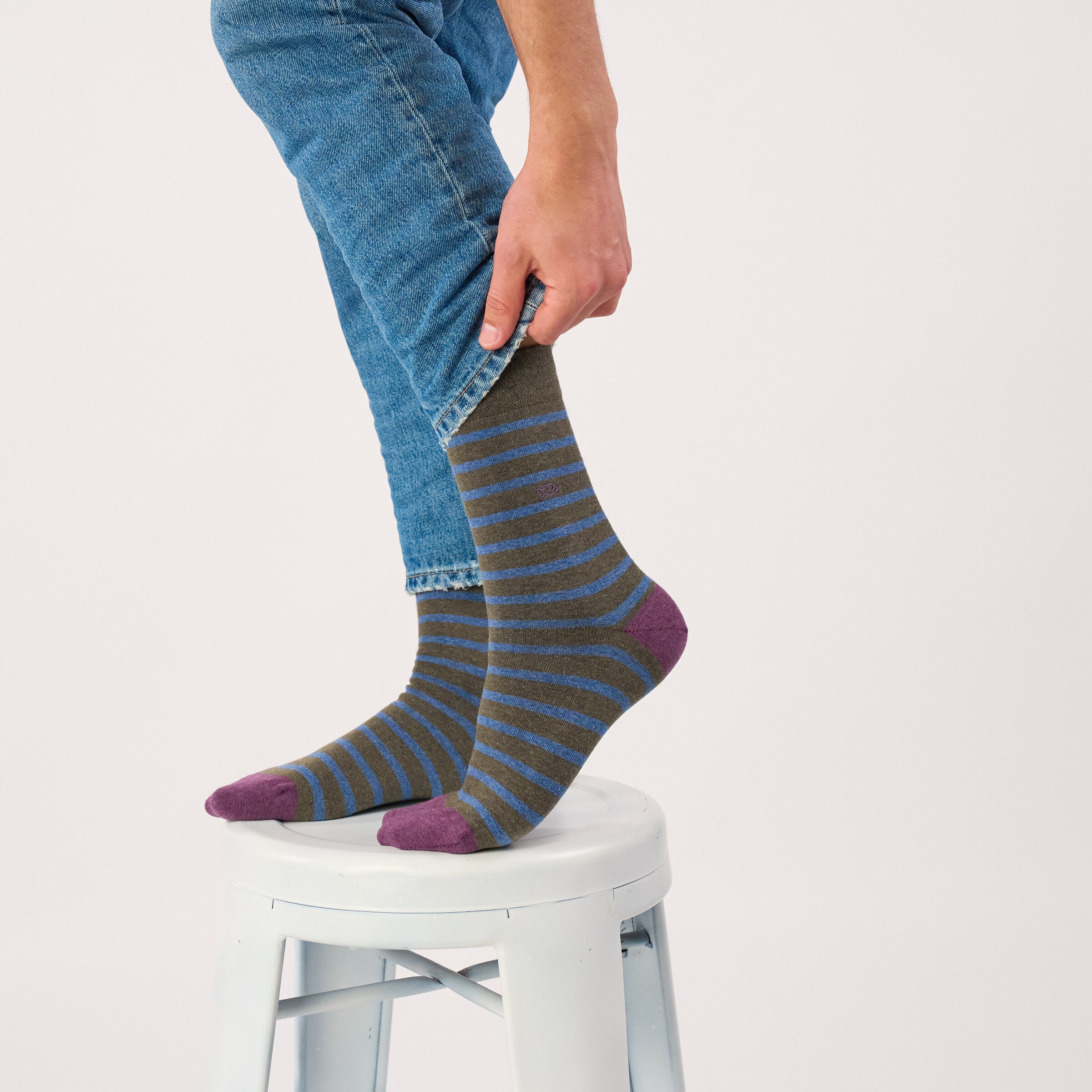 Chaussettes en coton peigné à rayures larges - Kaki rayé bleu