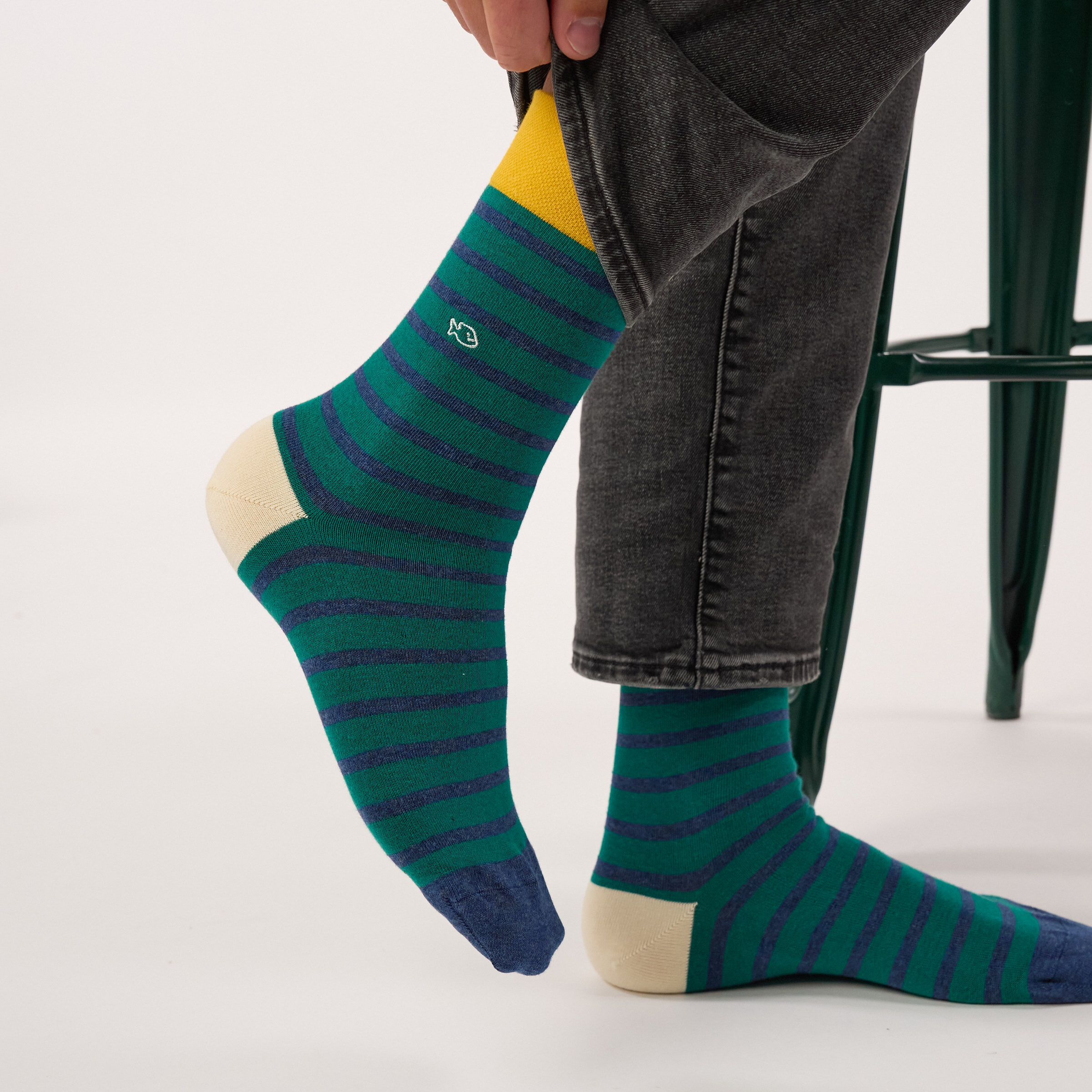 Chaussettes en coton peigné à rayures larges - Vert rayé bleu