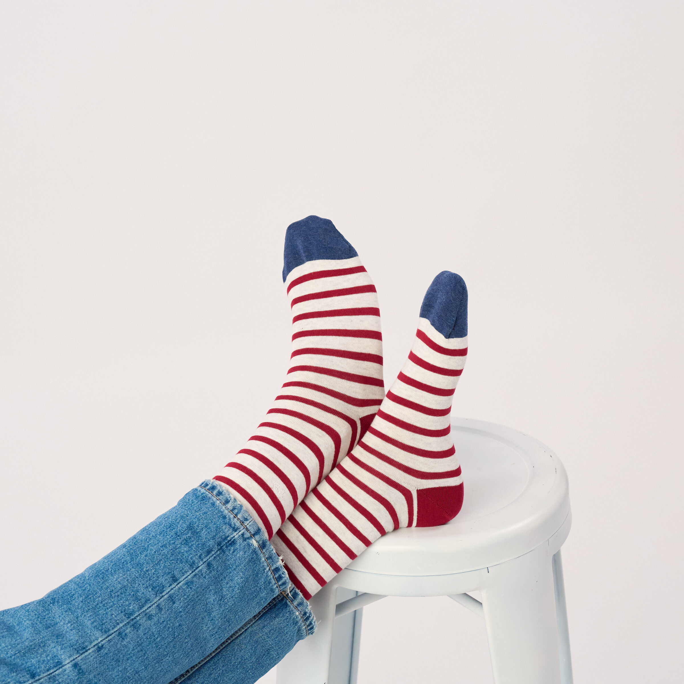 Chaussettes en coton peigné à rayures larges - Gris chiné rayé bordeaux
