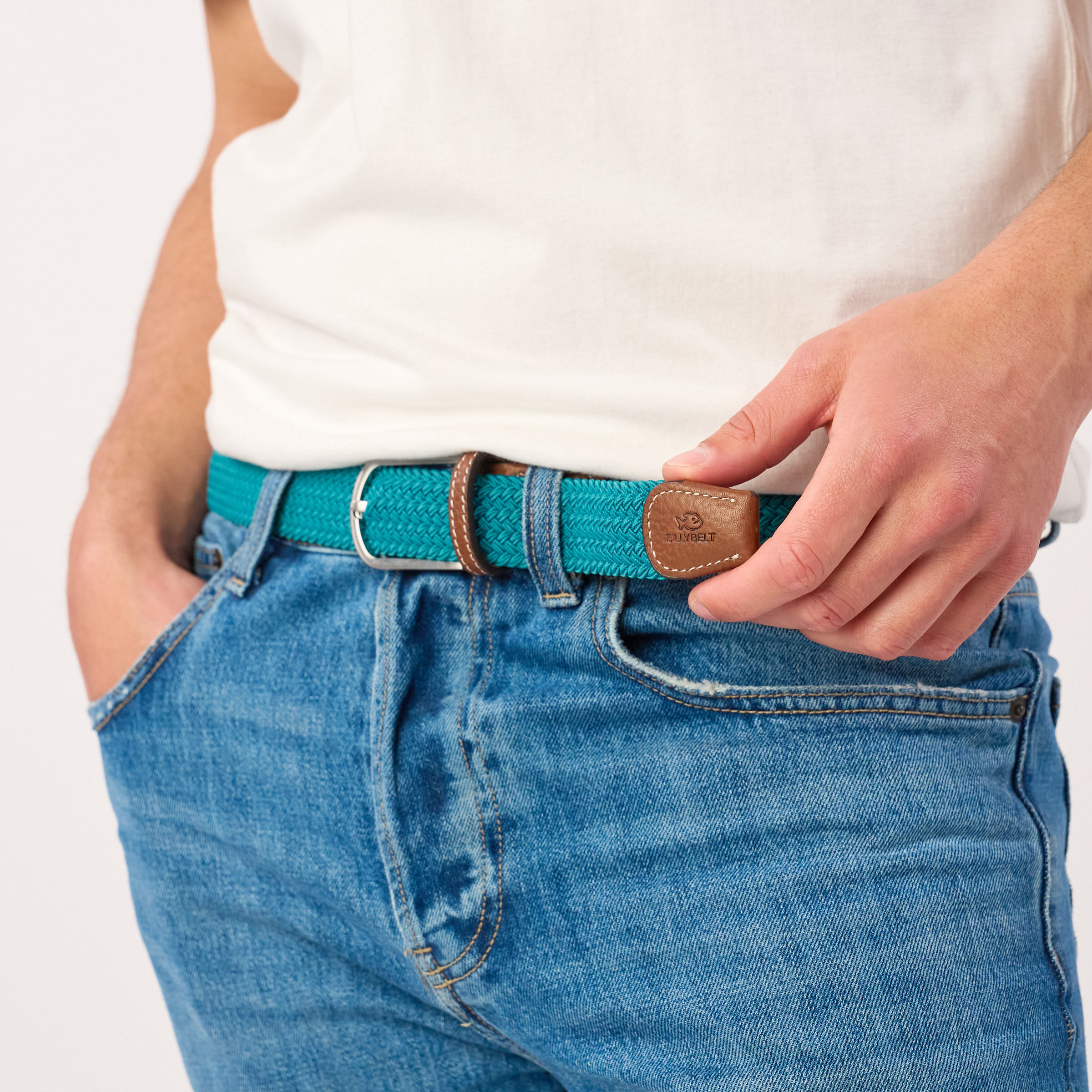 Ceinture tressée élastique unie - Bleu canard