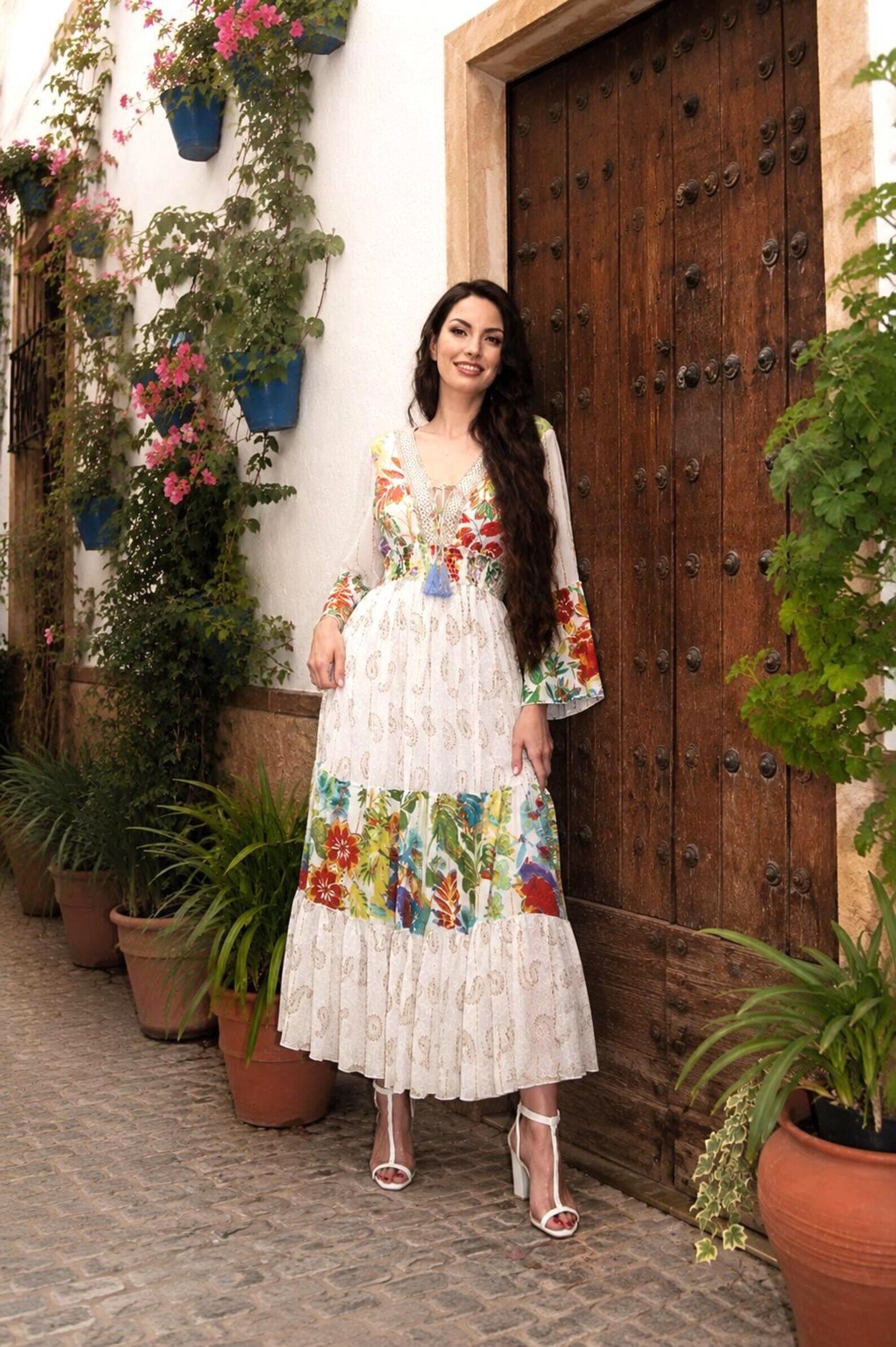 Elegant Bohemian Maxi Dress with Knots – Flowy Ibiza