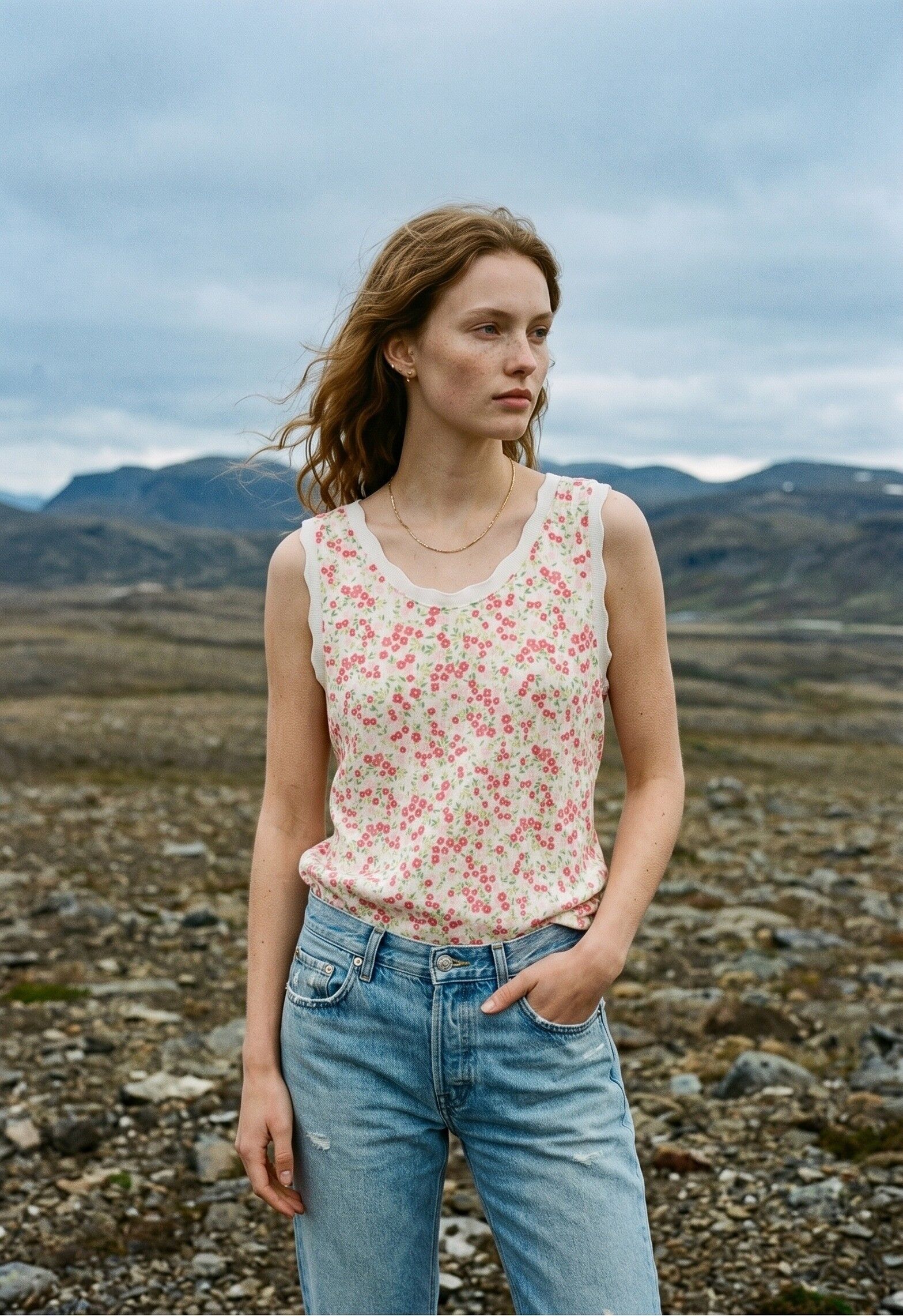 Floral Print Ribbed Cotton Top