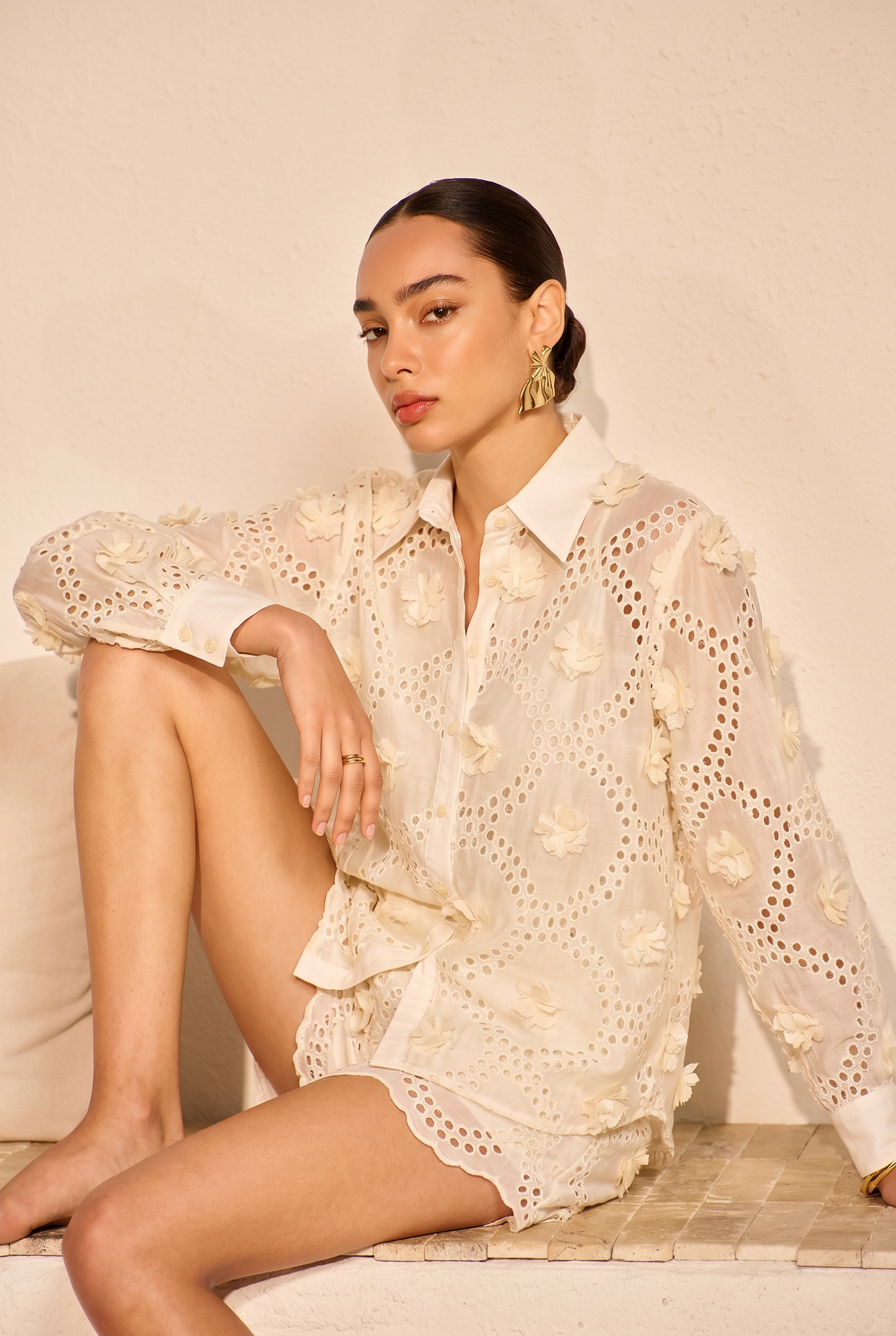 Camisa floral bordada, manga larga - 2