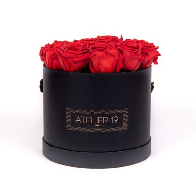 15 parfümierte ewige Rosen Rouge Passion - Schwarze runde Schachtel