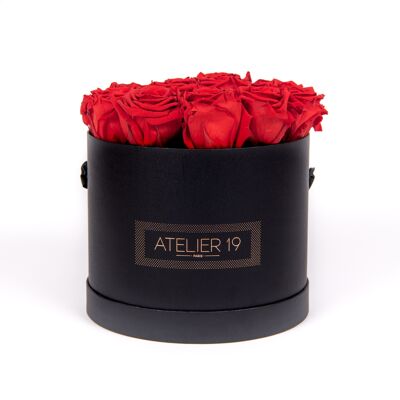 15 roses éternelles parfumées Rouge Passion - Box ronde Noire
