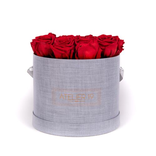 15 roses éternelles parfumées Rouge Passion - Box ronde Grise