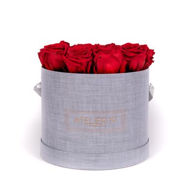 15 rose eterne profumate Rouge Passion - Scatola rotonda grigia
