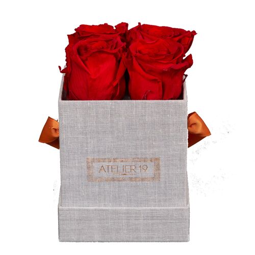 4 roses éternelles parfumées Rouge Passion - Box carrée Grise