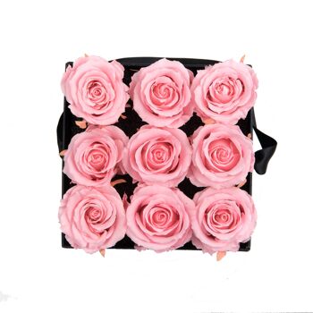 9 roses éternelles parfumées Rose Tendre - Box carrée Noire 2