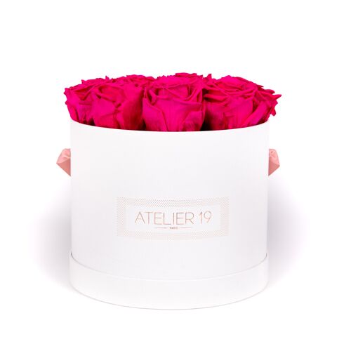 15 roses éternelles parfumées Fuchsia Peps - Box ronde Blanche