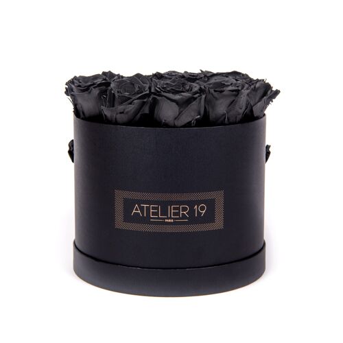 15 roses éternelles parfumées Noir Profond - Box ronde Noire