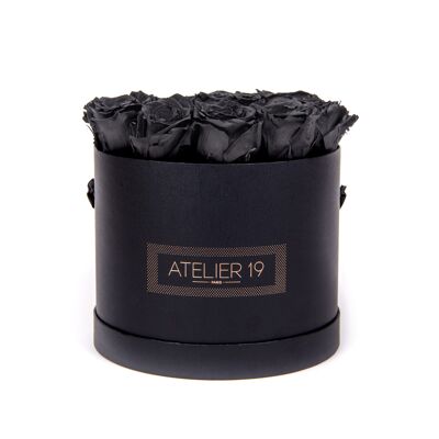 15 rosas eternas con aroma negro profundo - caja redonda negra