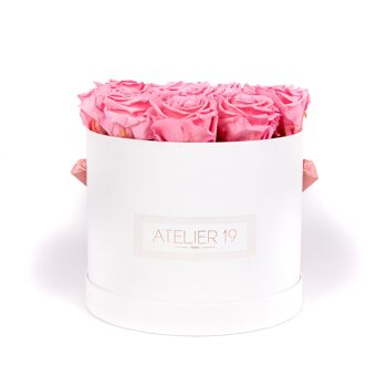 15 roses éternelles parfumées Rose Tendre - Box ronde Blanche 1