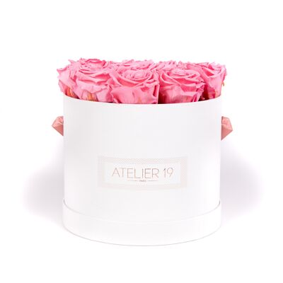 15 roses éternelles parfumées Rose Tendre - Box ronde Blanche
