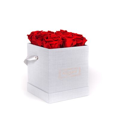 9 parfümierte ewige Rosen Rouge Passion - Graue quadratische Schachtel