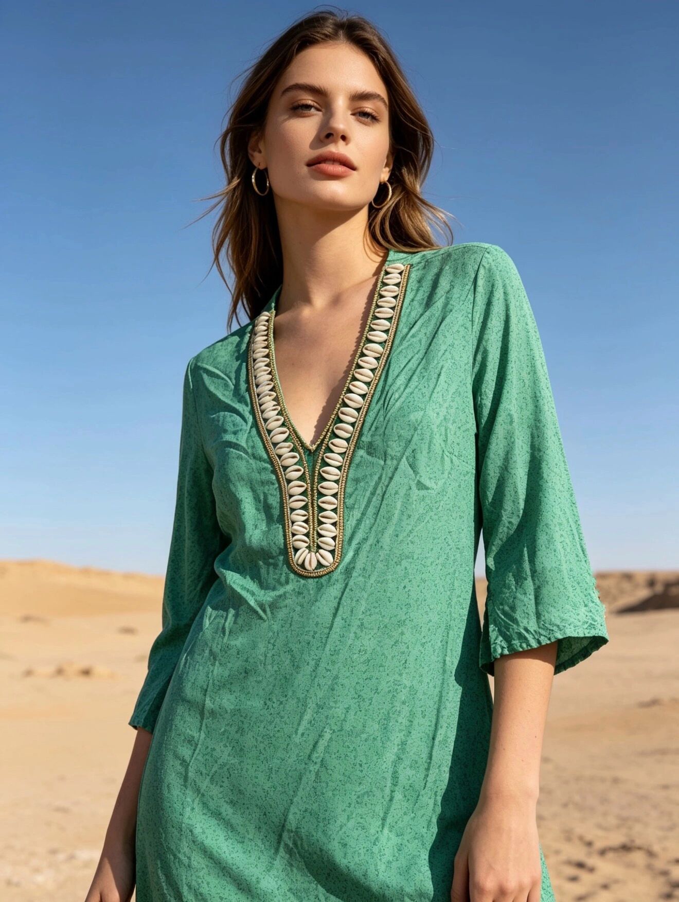 Mittellanges Kleid mit Muschelstickerei, Liberty-Print