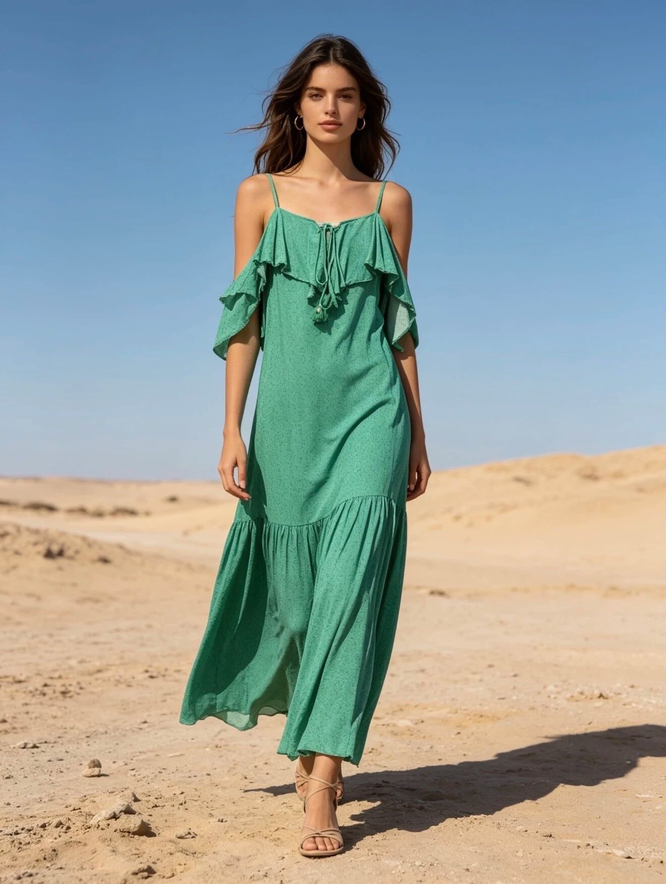 Fließendes Maxikleid mit Trägern, schulterfreiem Design und ausgestelltem Schnitt