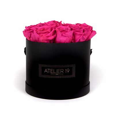 15 roses éternelles parfumées Fuchsia Peps - Box ronde Noire