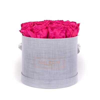 15 rosas eternas con aroma fucsia Peps - caja redonda gris