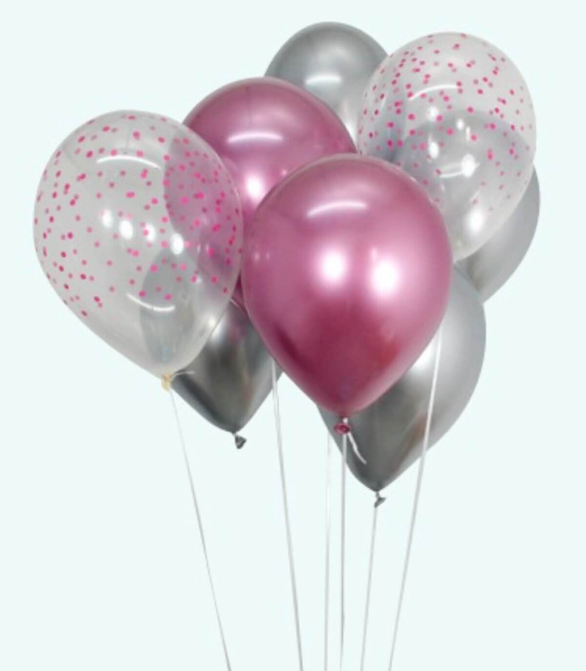 BALLONS 15 PIÈCES12" - 30 CM CHROME ROSE/ARGENT/POIS + RUBAN 15 M