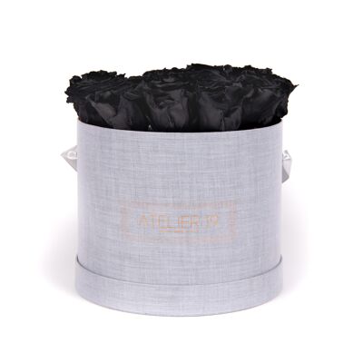 15 perfumed eternal roses Deep Black - Round gray box