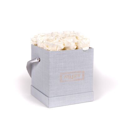 9 rosas eternas perfumadas Blanco puro - Caja cuadrada gris