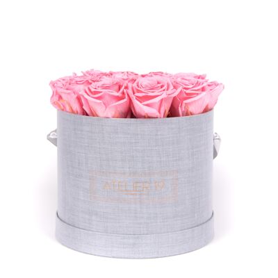15 rosas eternas perfumadas rosa tierna - caja gris redonda