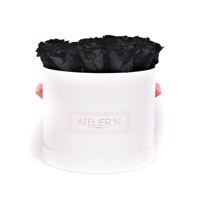 15 deep black scented eternal roses - White round box