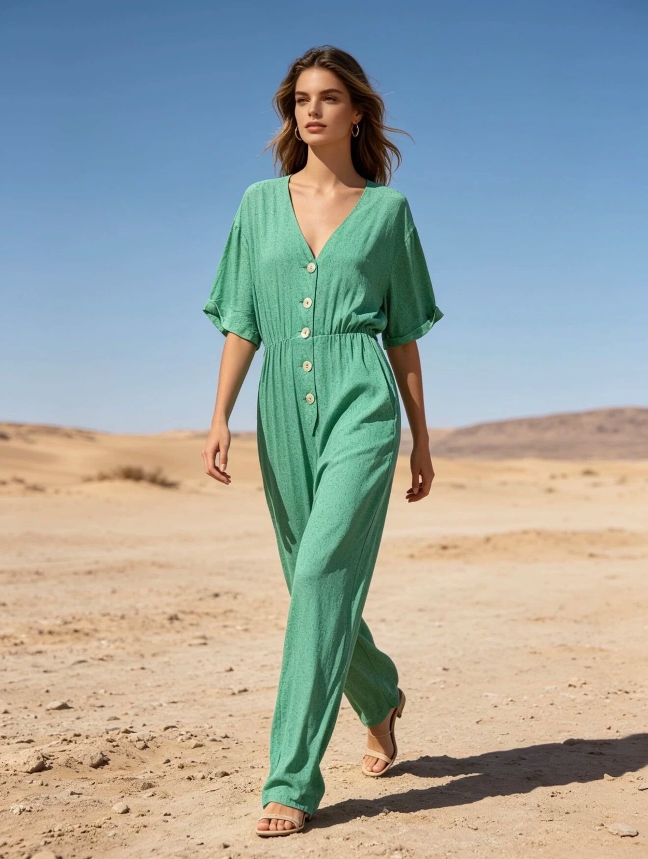 Fließender Jumpsuit mit Hose, vorne geknöpft