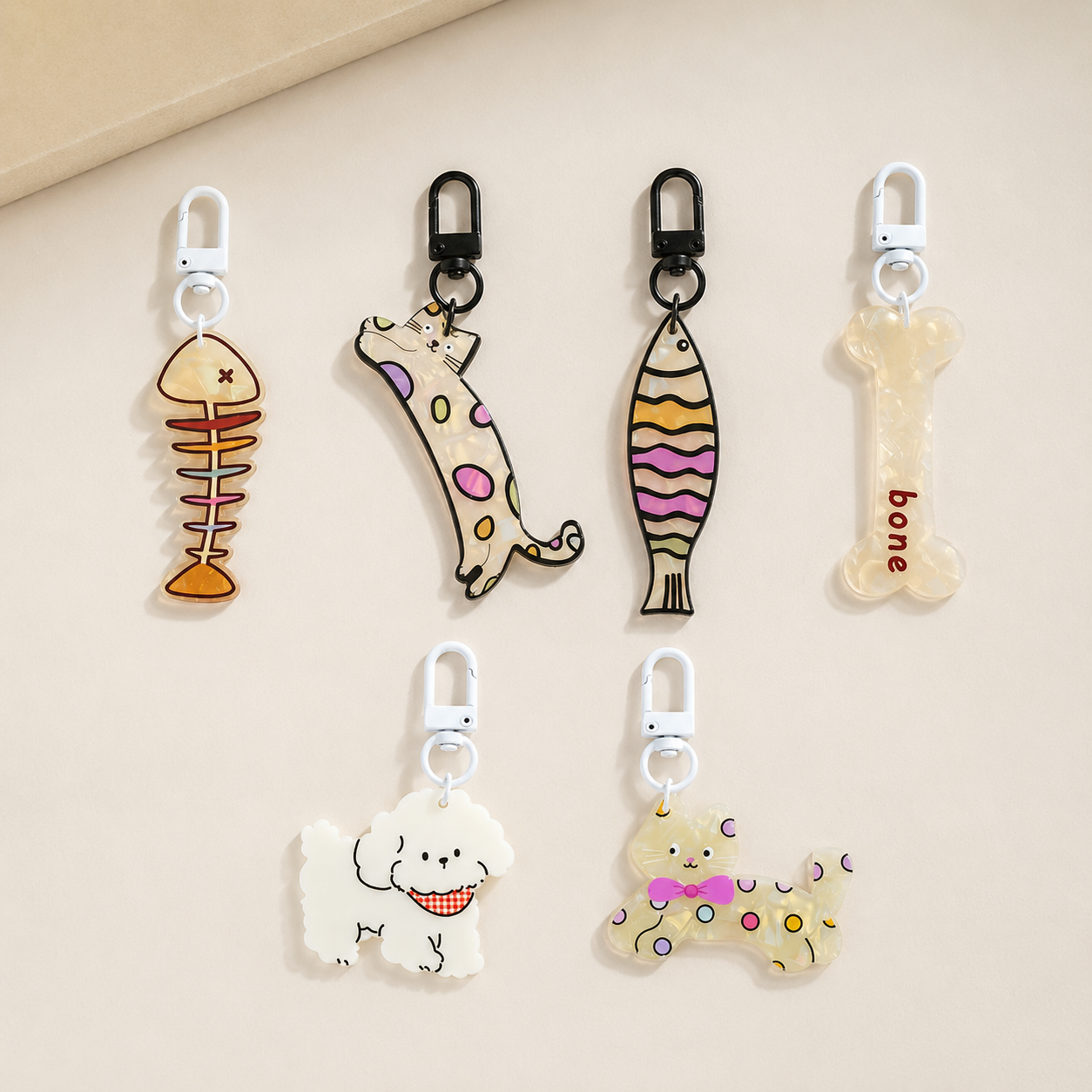 Cute Pet Acrylic Keychain | Cat Dog Fish Bone Charm