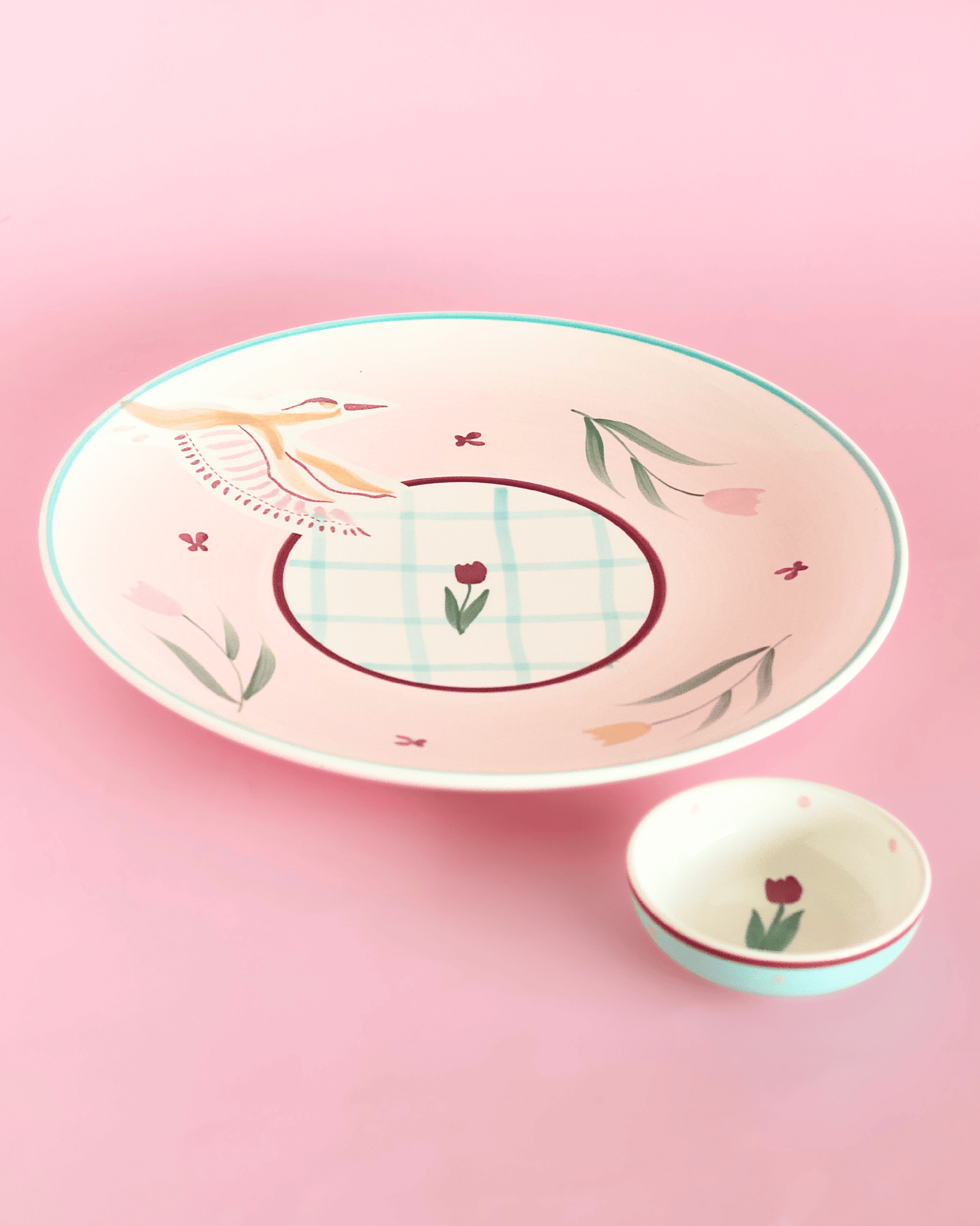 Skylark Handpainted Ceramic Round Plate and Nutbowl