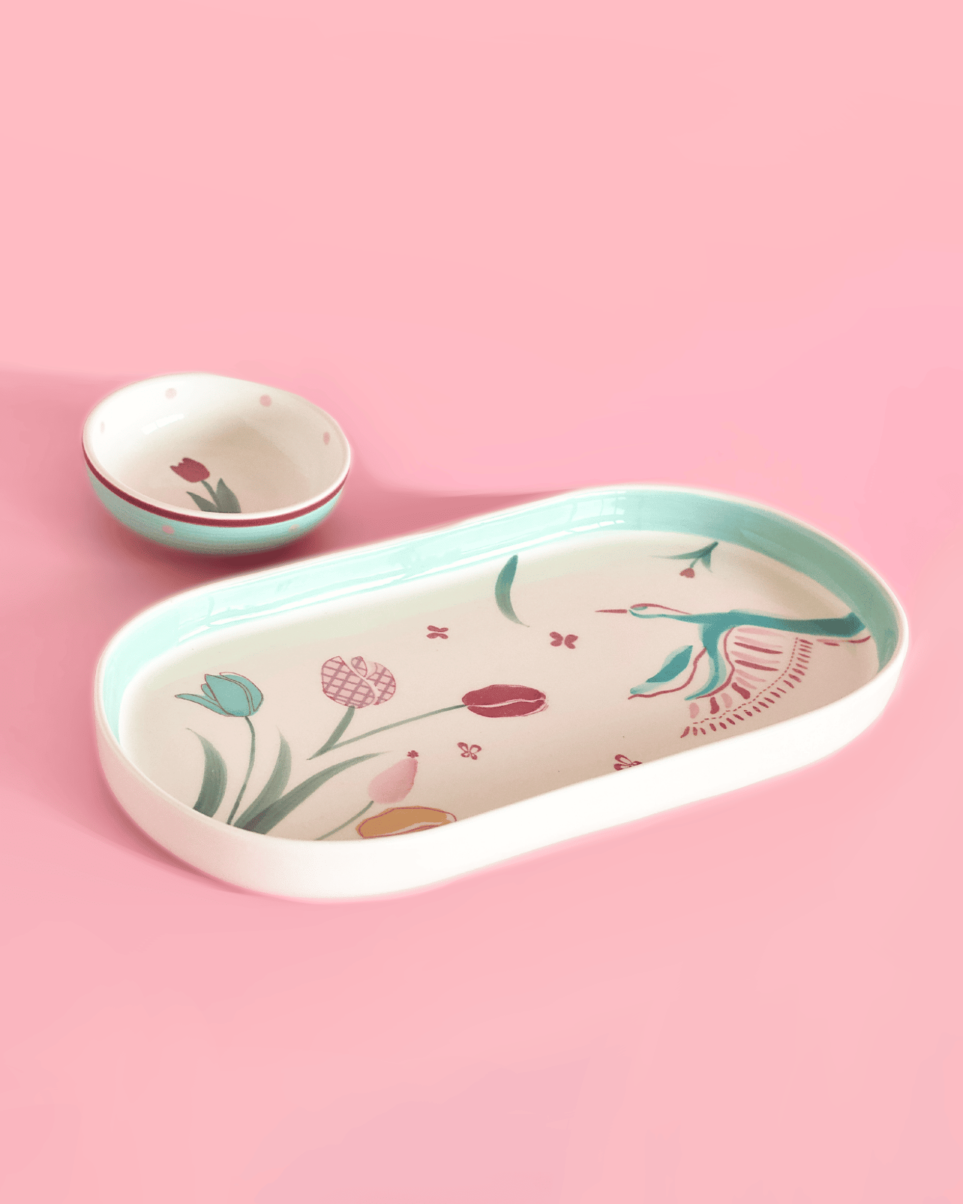 Skylark Handpainted Ceramic Oval Platter and Nutbowl