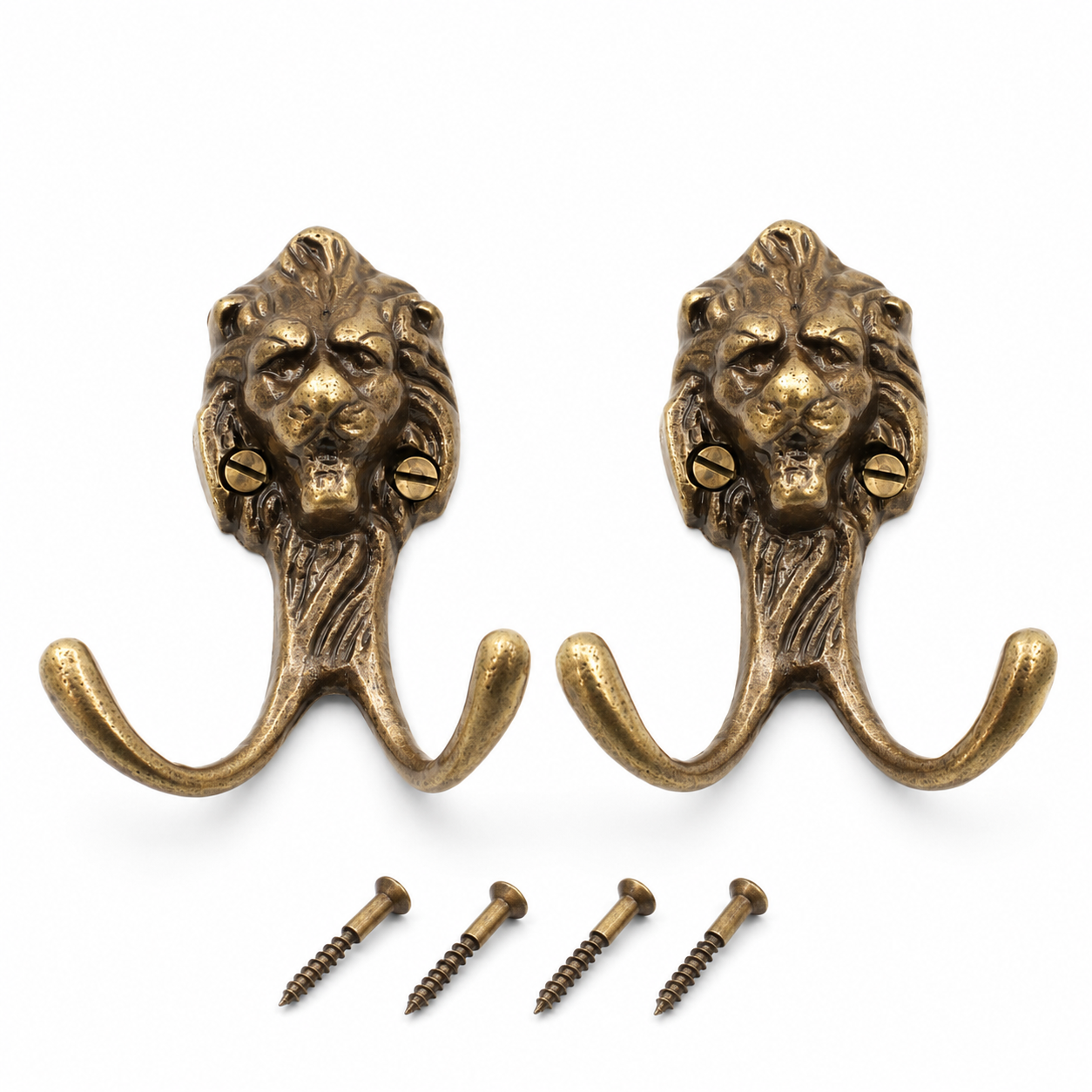 Vintage Brass Lion Wall Hooks Set Of Two