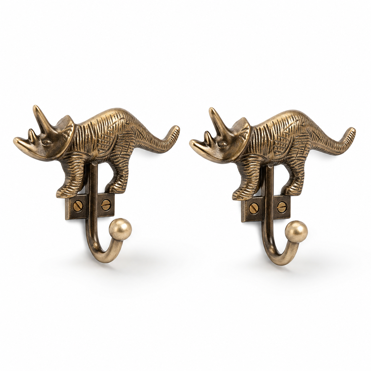 Vintage Brass Rhinoceros Wall Hooks Set Of Two