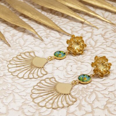 Tropical leaf earrings with lotus flower motif