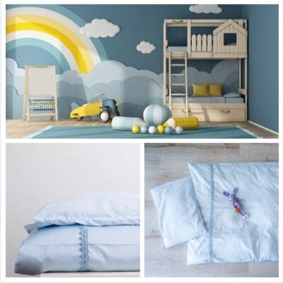 Children's bedding with lace appliqué, light blue