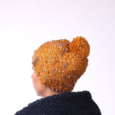 Hand Knit orange winter hat with pom pom