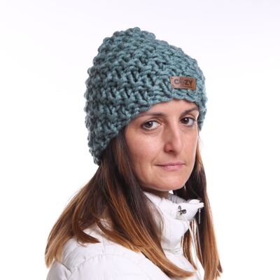 Women hand knit pastel blue winter hat, textured pattern